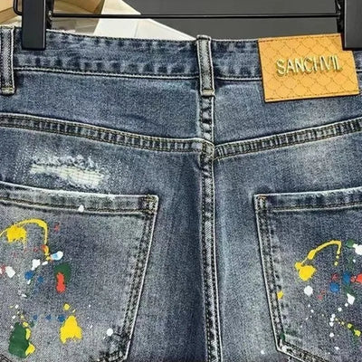 Men's Short Jeans Pants Graffiti Slim Blue Ripped Male Denim Shorts Rude Retro Summer Thin Stretch Korean Fashion Streetwear Xl