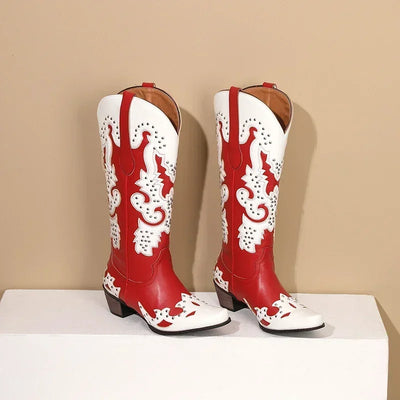 Western Cowboy Knee High Boots Women Blue Red Mixed Color Floral Fretwork Rivet Winter Pointed Toe High Heels Cowgirl Long Boots