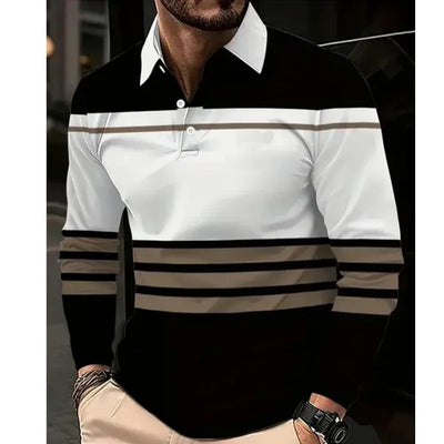 Classic minimalist striped long sleeved men's polo fashion autumn and winter casual golf oversized sport pullover men's Clothing