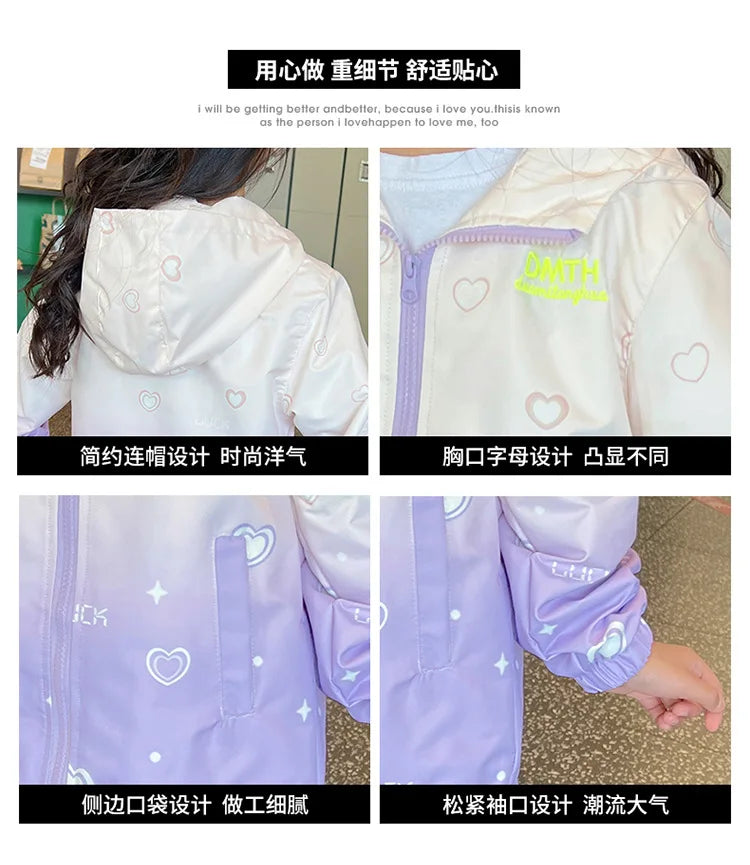 KPop Demon Hunters Girls Hood Jacket Kids Windbreak Coat Outdoor Casual Waterproof Jackets Zip Up Coat Movie Anime Outerwear