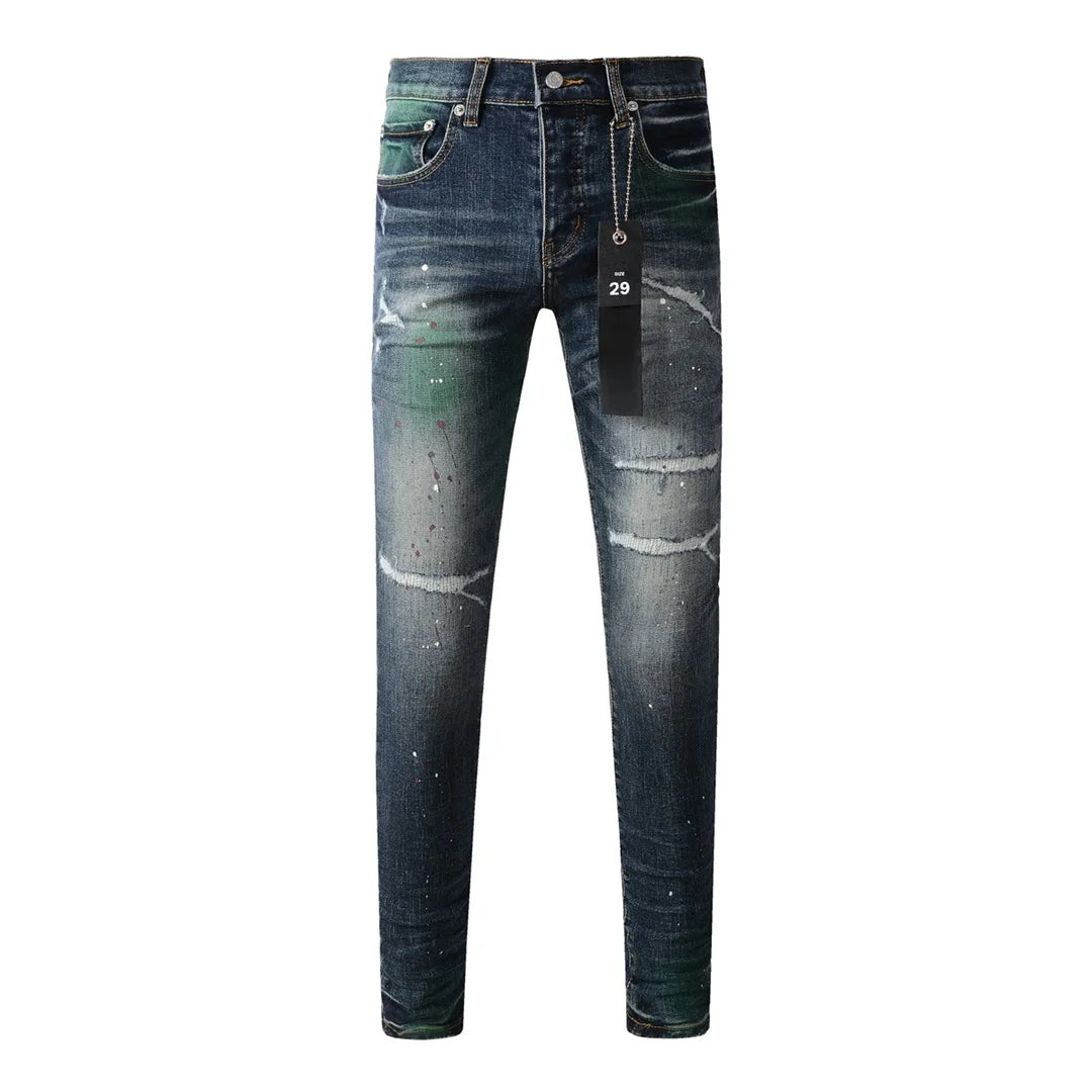 Americans High Street Trendy Men's Jeans Low Rise Stretch PantsSkinny Button Fly Ripped Retro Hold Trousers