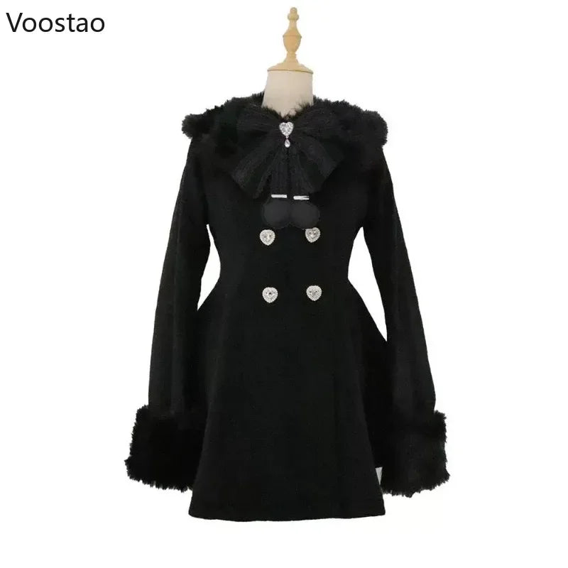 Autumn Winter Japanese Kawaii Lolita Woolen Coat Women Sweet Bow Plush Slim Jacket Female Korean Style Warm Dress Cute Overcoat