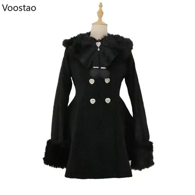 Autumn Winter Japanese Kawaii Lolita Woolen Coat Women Sweet Bow Plush Slim Jacket Female Korean Style Warm Dress Cute Overcoat
