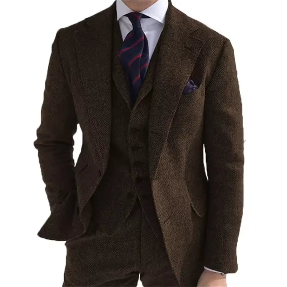 New Wool Tweed Winter Men Suit's For Wedding Formal Groom Tuxedo Herringbone Male Fashion 3 Piece Suit (Jacket + Vest + Pants)
