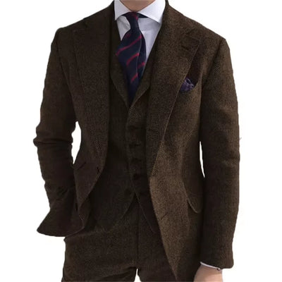 New Wool Tweed Winter Men Suit's For Wedding Formal Groom Tuxedo Herringbone Male Fashion 3 Piece Suit (Jacket + Vest + Pants)