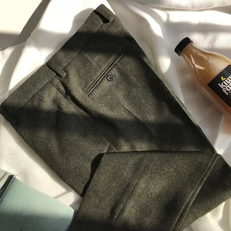 Slim Fit Men's Business Suit Pants Pleat-Front Herringbone Woolen Trousers For Men Dress Pants For Wedding Party Groomsman Suit