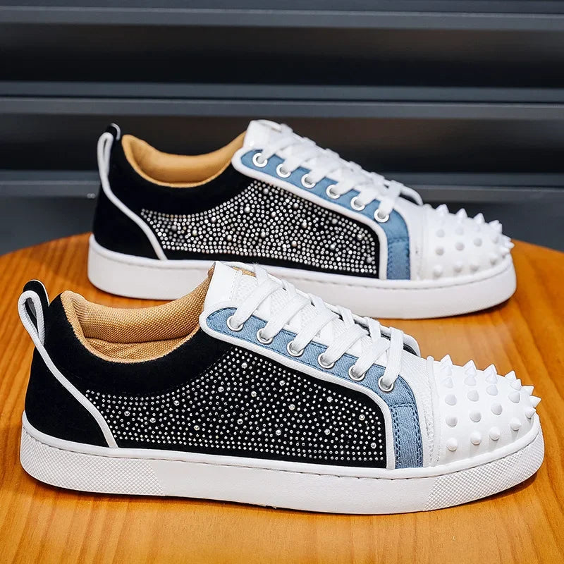 Fashion Men Casual Shoes Trend Rivet Crystal Punk Style Flat Skate Shoes Young Man Street Cool Loafers