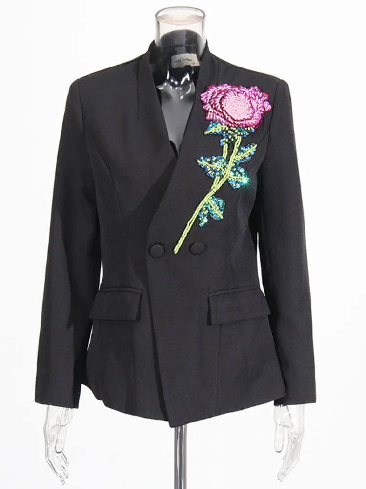 ZMEENNA Women Black Blazer Sequin Rose Embellishment Pink Green Sparkle Floral Design Party Jacket Trendy Fashion 2025 ZM603