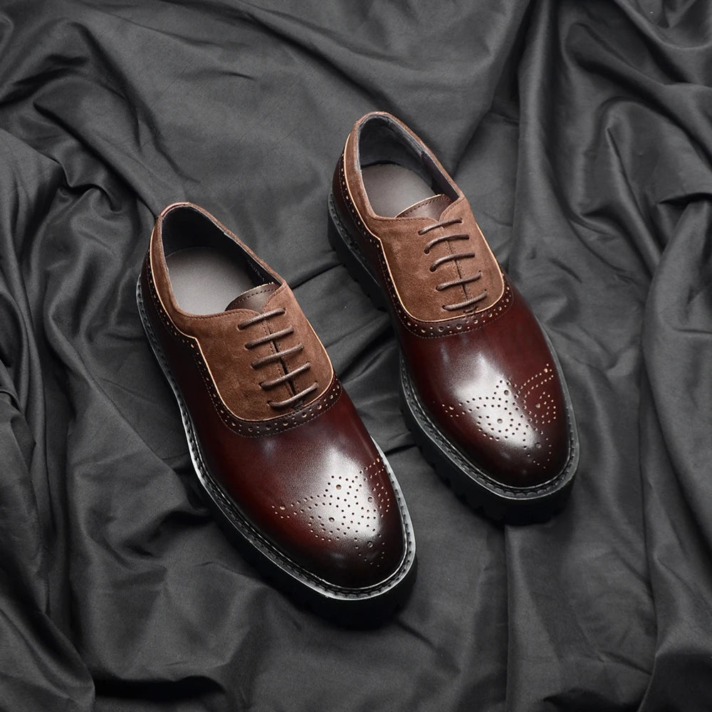 Soft Chunky Black Sole Men Oxford Dress Sneakers Genuine Leather Brogue Suede Casual Business Elevator Shoes Lace-up Modern Man