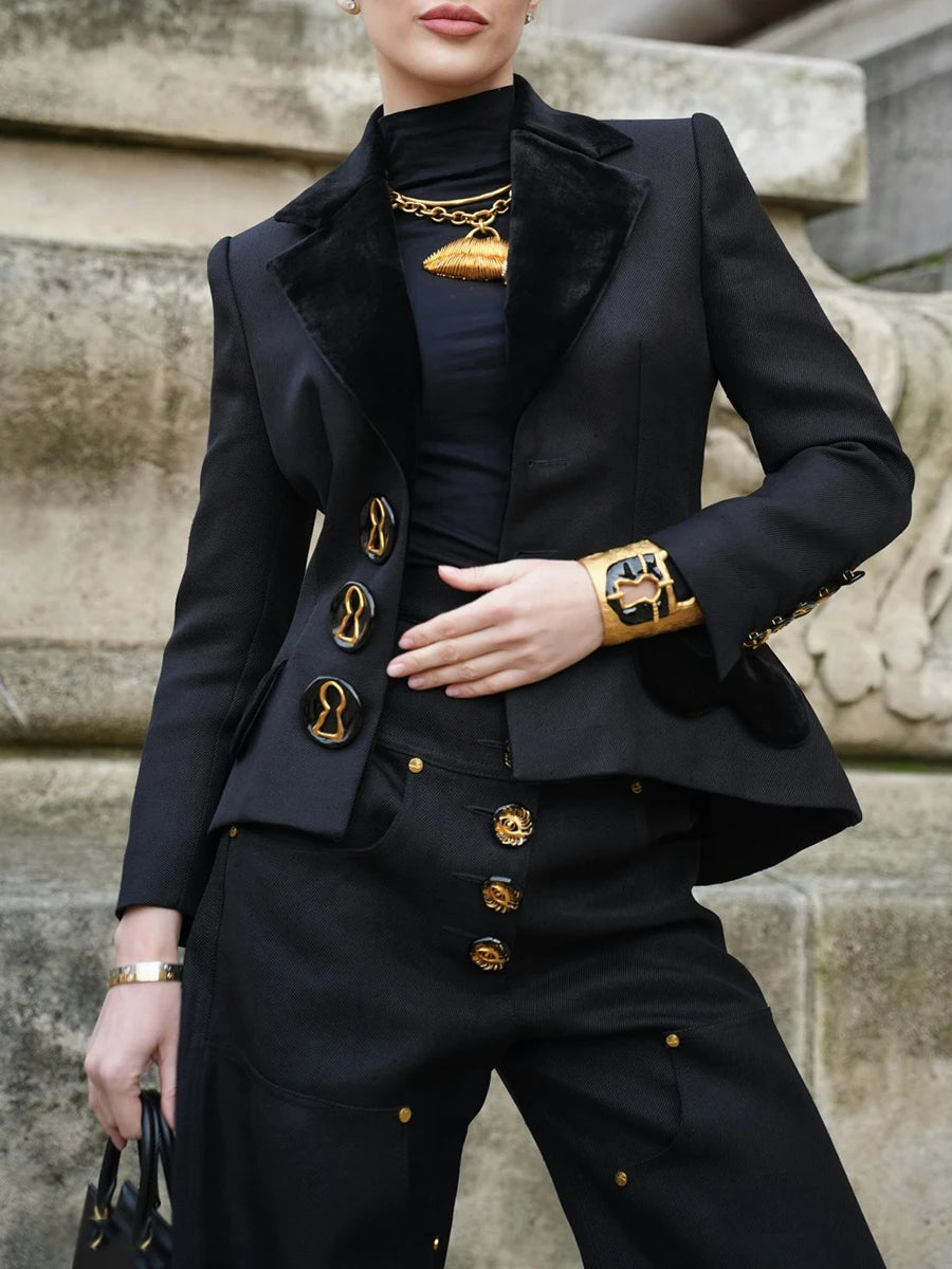 VGH Chic Simming Two Piece Set for Women Lapel Long Sleeve Patchwork Metal Buckle Tunic Coat Long Trousers Outfits Female New