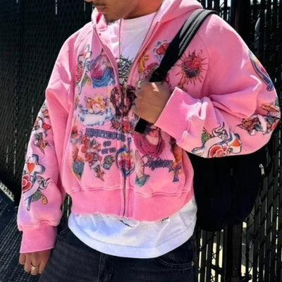 Fmxires2025 Street Casual Clothing Retro Pattern Printed Hoodie Loose Temperament Men's Hoodie Gothic Rock Fashion Sports Hoodie