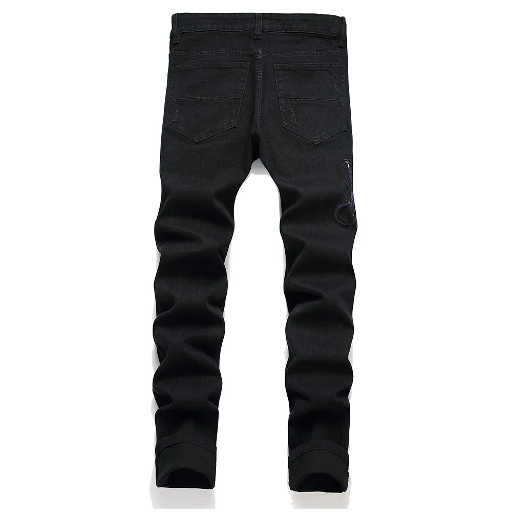 Men Snake Embroidery Jeans Streetwear Black Stretch Denim Pants Holes Ripped Distressed Slim Straight Trousers