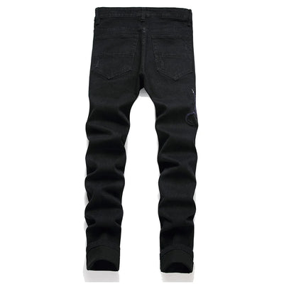 Men Snake Embroidery Jeans Streetwear Black Stretch Denim Pants Holes Ripped Distressed Slim Straight Trousers