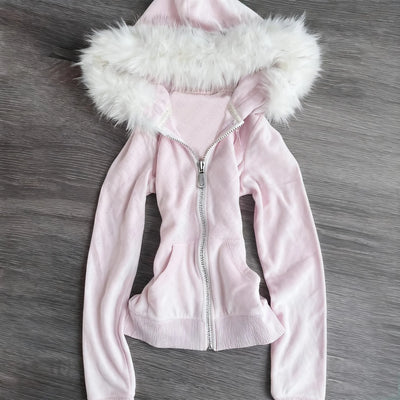 Millennial y2k vintage Spice girl slim slim waist pink zipper hooded hoodie jacket female autumn/winter design sense woolly hat