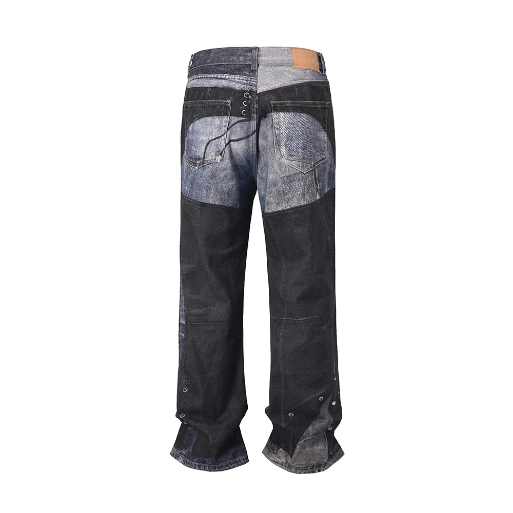 High Street Pu Leather Patchwork Baggy Jeans Pants for Men and Women Side Buttons Striaght Casual Loose Denim Trousers Oversize