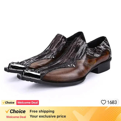 Men's Shoes Italian Style Pointed Metal Toe Leather Dress Shoes Men Slip on Oxfords Shoes for Men's Party and Wedding