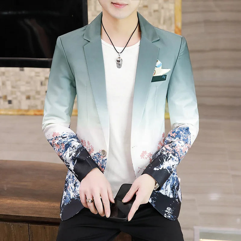 Men Floral Blazers Fashion Korean Gradient Inspired Prints Fancy Floral Suit Jacket Casual Slim Fit Blazer Coat Men Clothing