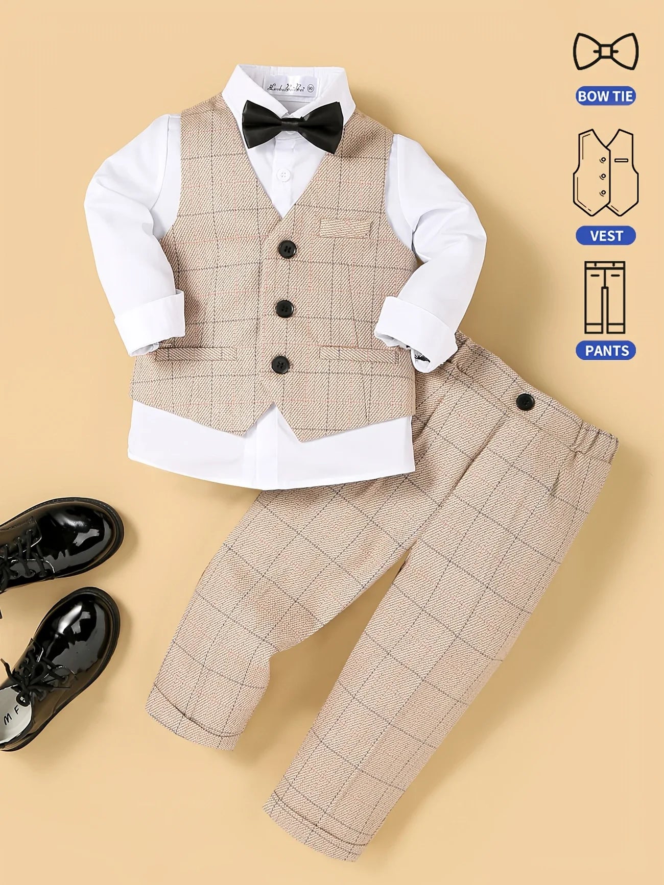 Flower Boy Attire for Weddings Kids Formal Vest Pants Bowtie 3Pieces Outfit Suti for Piano Host Speech Performance