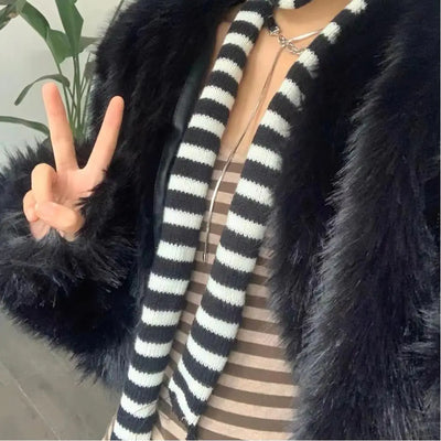 Girl's Striped Long Scarves Y2K Striped Scarf Harajuku Gothic Neck Warm Winter Warm Scarf Thickened Black White Shawl Wrap Women