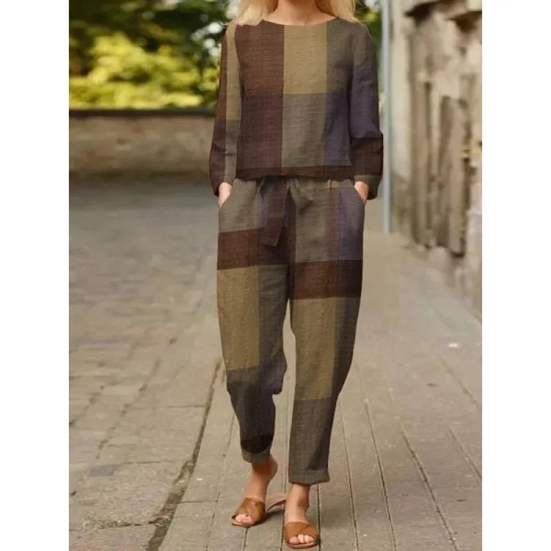 Spring Summer New Vintage Print Long Sleeve round Neck T-Shirt Set Wide Leg Pants Ethnic Style Fashionable Women's Outfit