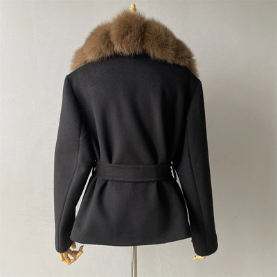 Jaxmonoy Women's Wool Coat with Luxury Big Real Fox Fur Collar 2025 Winter Warm Woolen Jacket Ladies New In Outerwear with Belt
