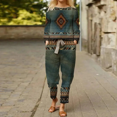 Spring Summer New Vintage Print Long Sleeve round Neck T-Shirt Set Wide Leg Pants Ethnic Style Fashionable Women's Outfit