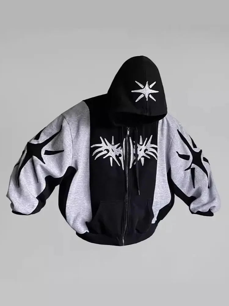 Y2K Embroidered Design Loose Zipper Men's Hoodie Geometric Pattern  Women's Sportswear Gothic Street Wear Extra Large Casual Men