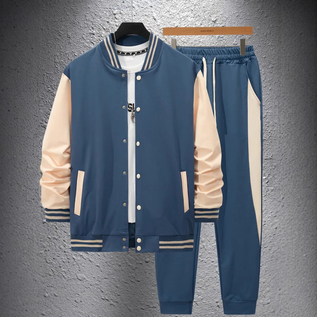 Autumn and winter new thick baseball suit casual men's stand collar cardigan coat matching color sports long sleeve pants suit