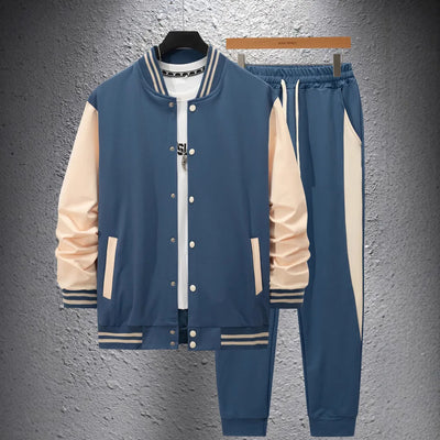 Autumn and winter new thick baseball suit casual men's stand collar cardigan coat matching color sports long sleeve pants suit