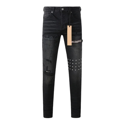 25fw High Street Men's Jeans Paint Hole Trend Low Rise Skinny Denim Pants Pleated Ripped Solid Trousers