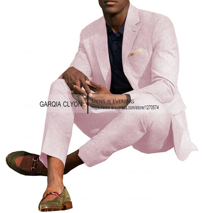 Linen Men's Suits 2 Pieces Summer Casual Notch Lapel Single Breasted Men's Wedding Suits（Blazer+Pants）