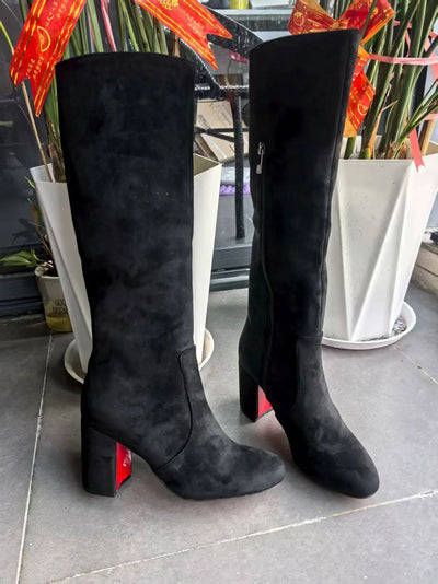 Suede Winter Long Booties Sexy Round Toe Flannel Boats Zipper Leather Knee-High Boots Women High Heel Designer Style Botas Mujer