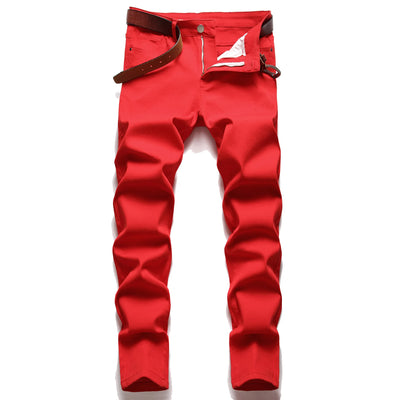 New Men 2022 American Style Fashion Stitching Two-color Yellow and Red Trend Stretch Jeans Male Trousers Denim Pants