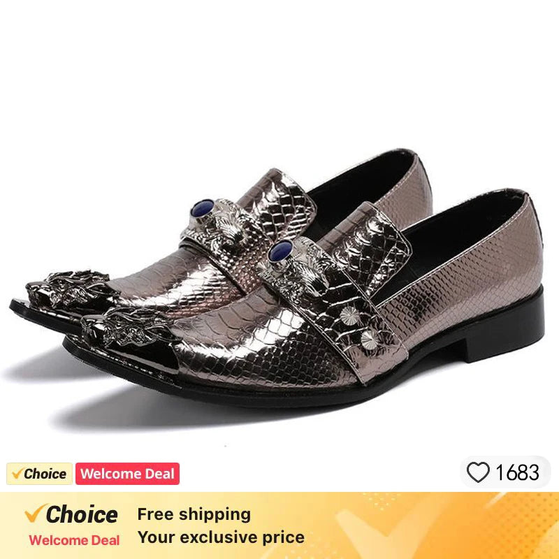 Men's Shoes Italian Style Pointed Metal Toe Leather Dress Shoes Men Slip on Oxfords Shoes for Men's Party and Wedding