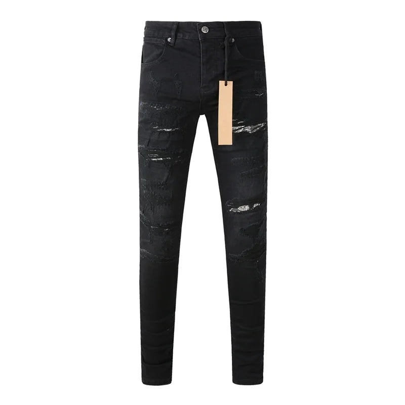 High Street Men's Jeans Low Rise Stretch Skinny Button Fly Ripped Hold Black Pants