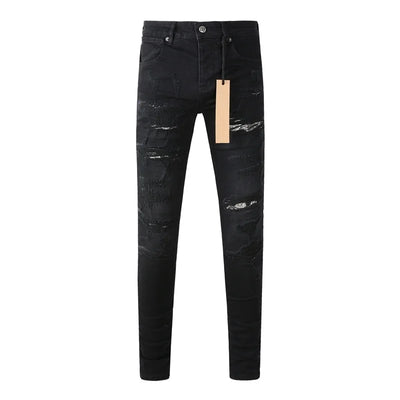 High Street Men's Jeans Low Rise Stretch Skinny Button Fly Ripped Hold Black Pants