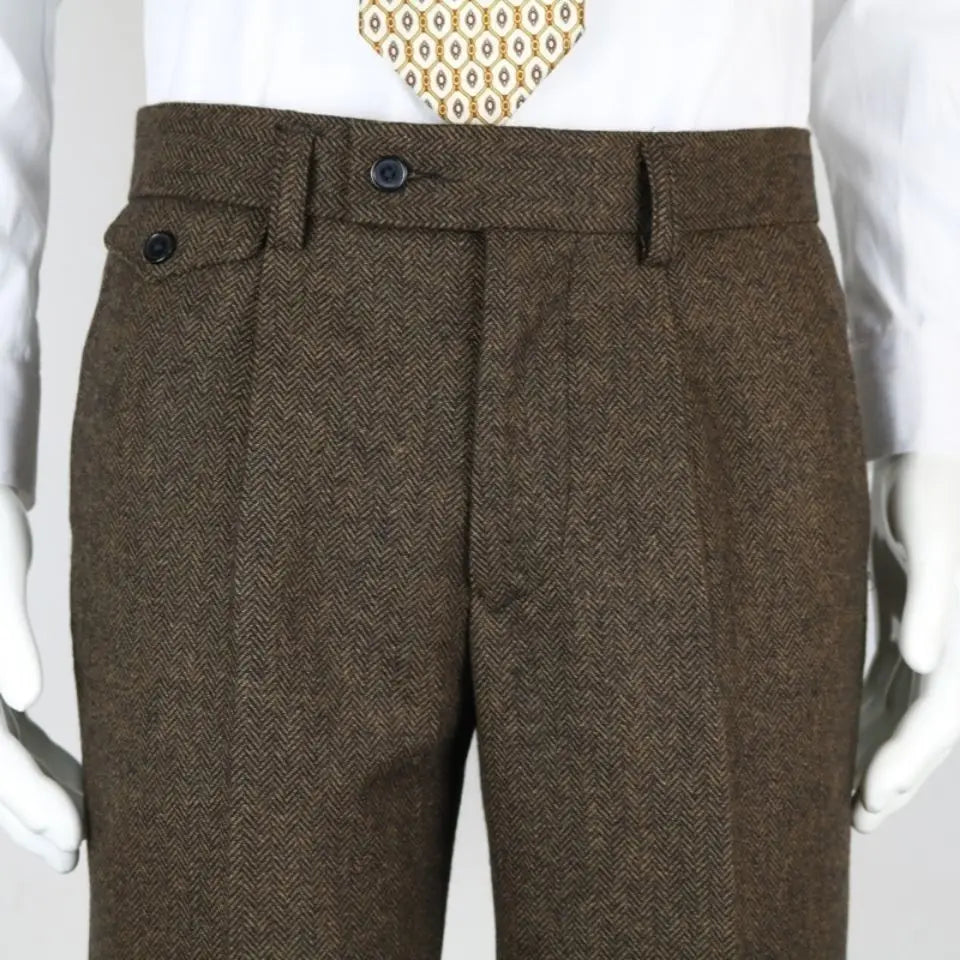 Slim Fit Men's Business Suit Pants Pleat-Front Herringbone Woolen Trousers For Men Dress Pants For Wedding Party Groomsman Suit