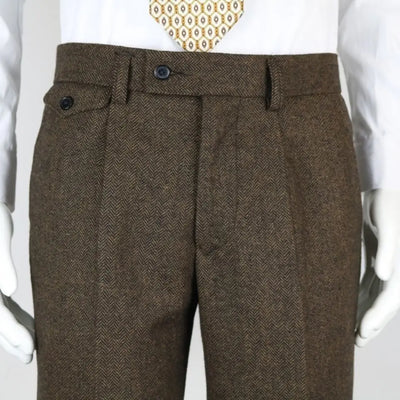 Slim Fit Men's Business Suit Pants Pleat-Front Herringbone Woolen Trousers For Men Dress Pants For Wedding Party Groomsman Suit