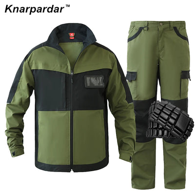 Men's Green Blue Work Suit Work Jacket and Pants with Knee pads Construction Maintenance workers Auto Repair Workwear