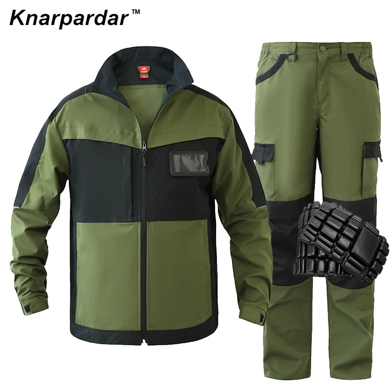 Men's Green Blue Work Suit Work Jacket and Pants with Knee pads Construction Maintenance workers Auto Repair Workwear