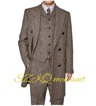Men's Suit Retro 3 Piece Herringbone Long Jacket Double Breasted Blazer