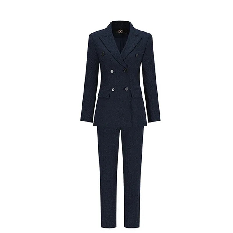 Retro Wool Suit Two Piece Sets Womens Outifits Double-Breasted Blazer Female President Manager Professional Suit Set Clothing