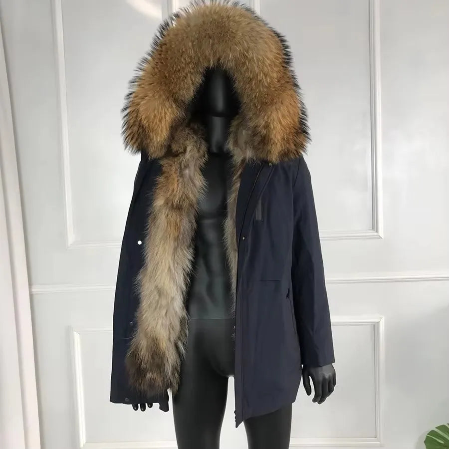Real Raccoon Fur Coat Men Real Fur Parkas With Hood Warm Winter Men's Parka Natural Fox Fur Large Collar