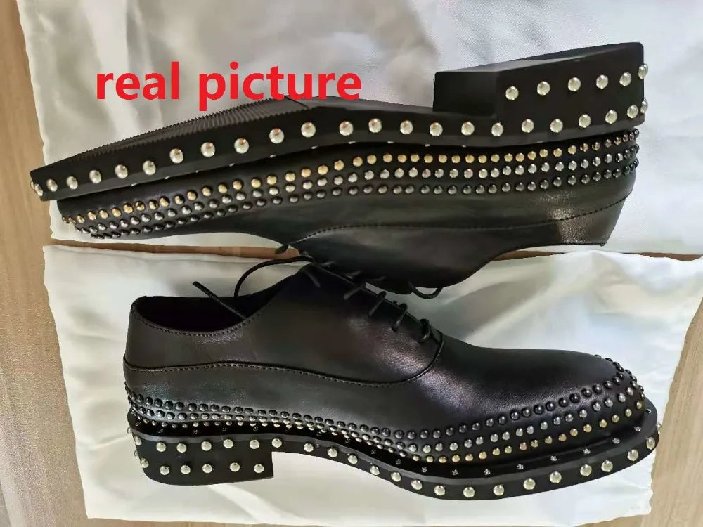 Handmade Rivets Brogue Shoes Wedding Dress Shoe Cow Genuine leather Men Oxfords  Plus Size 38-45