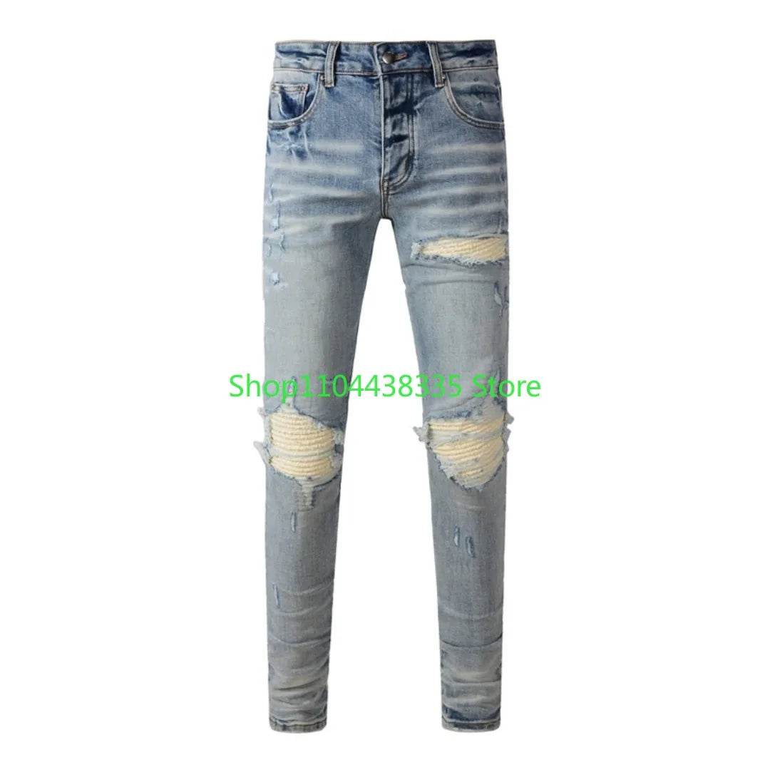 Americans New Trendy Streetwear Men's Jeans Low Rise Skinny Denim Pants Pleated Ripped Trousers