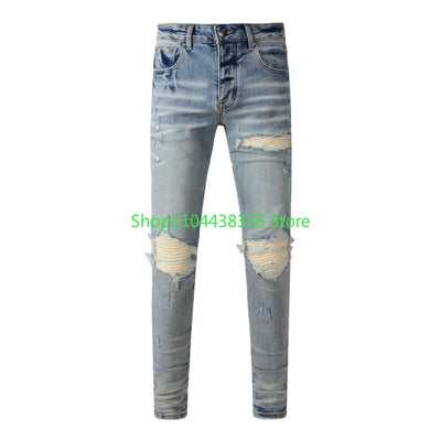 Americans New Trendy Streetwear Men's Jeans Low Rise Skinny Denim Pants Pleated Ripped Trousers