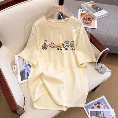 Cotton Cartoon Print Short Sleeve T-Shirt Women's Loose Fit Casual Versatile Top Summer 2024 New Arrival Crew Neck Design