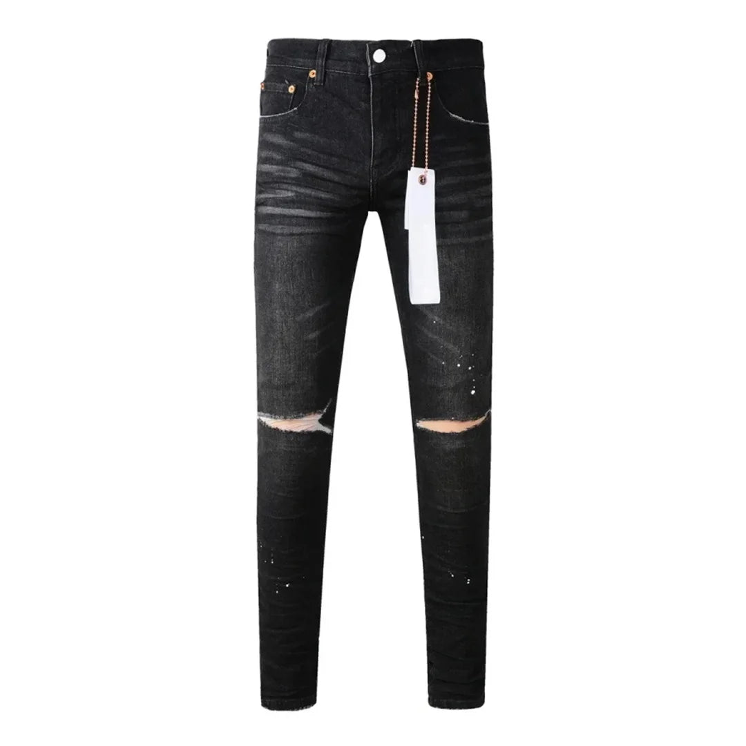 Americans High Street Trendy Men's Jeans Low Rise Stretch PantsSkinny Button Fly Ripped Retro Hold Trousers