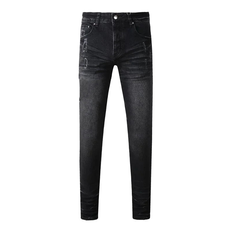 Americans Streetwear Distressed Vintage Men's Jeans Low Rise Stretch Skinny Button Fly Ripped Hold Pants