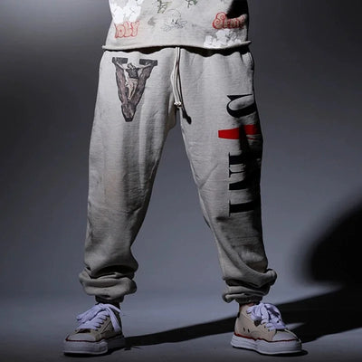 High Street Retro Fall Winter Hip Hop Casual Pants Washed Graffiti Printed Men Women Bunch Leg Saint High Quality Sweatpants